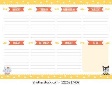 Cute weekly planner with drawn cat and dog. Template with place for notes. Vector illustration for print, office, school.