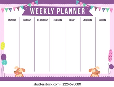 Cute weekly planner with drawn dog, garland and balloons. Template with place for notes. Vector illustration for print, office, school.