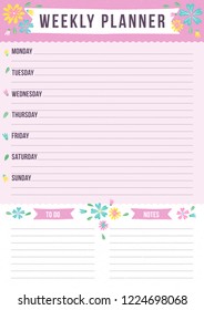 Cute weekly planner with drawn flower. Template with place for notes. Vector illustration for print, office, school.