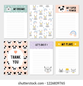 Cute weekly planner. Funny to do list with baby animals. Rainbow and bunny pattern. Vector illustration.