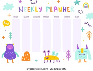 Cute weekly planner with funny monsters for children. Bright vector design of timetable for kids.