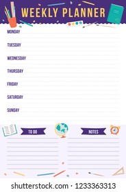 Cute weekly planner with hand drawn school elements. Template with place for notes. Vector illustration for print, office, school.
