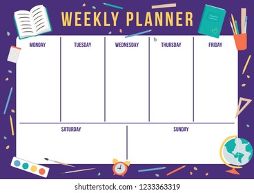 Cute weekly planner with hand drawn school elements. Template with place for notes. Vector illustration for print, office, school.