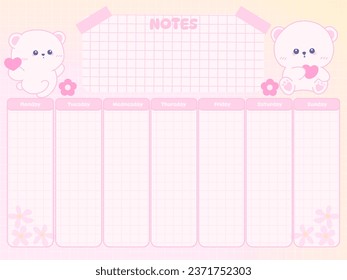 Cute Weekly planner inspiration notepaper design printable .  White pink pages for tags , weekly notes,  to do list minimal style with flower tags cartoon character kawaii school board timetable 