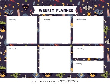Cute weekly planner with  magic occult things, cartoon style. Witchcraft, withcore aesthetic. Happy Halloween. Trendy modern vector illustration, hand drawn, flat design.