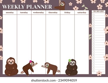 Cute weekly planner, weekly schedule and weekly planner decorated with sloth graphic illustrations and flowers . Pefect for weekly organization and print