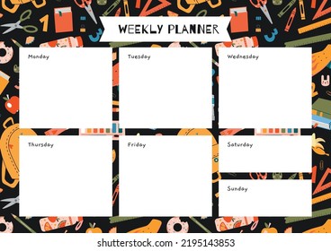 Cute weekly planner with school stationery and art supplies, cartoon style. Back to school. Trendy modern vector illustration, hand drawn, flat design.