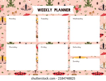 Cute weekly planner with summer vibe, moth, mushrooms, plants, cartoon style. Cottagecore aesthetics. Trendy modern vector illustration, hand drawn, flat design.