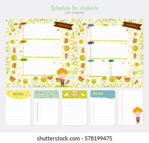 Cute Weekly Planner Template. Beautiful Diary for school. Vector Funny Kids Illustrations. Spring Season Holidays Backgrounds. Organizer and Schedule with place for Notes