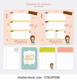 Cute Weekly Planner Template. Beautiful Diary for school. Vector Funny Kids Illustrations. Spring Season Holidays Backgrounds. Organizer and Schedule with place for Notes