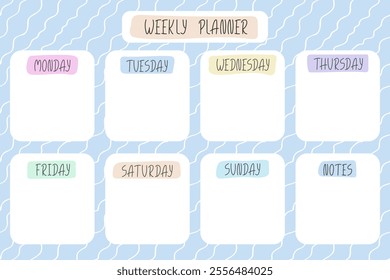 Cute Weekly planner Template. Blank Personal Organizer for memo notes to do and buy lists. Planner schedule in Doodle style for Children