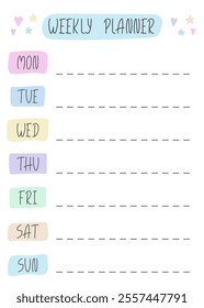 Cute Weekly planner Template. Blank Personal Organizer for notes to do. Planner in Doodle style for Girls
