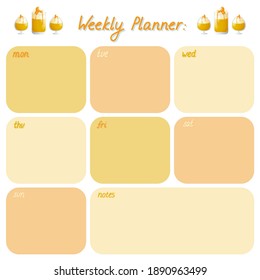 Cute weekly planner template. Butter beer glasses and hand drawn lettering. White background. Flat style illustration.