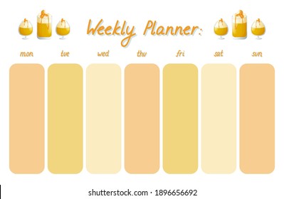 Cute weekly planner template. Butter beer glasses and hand drawn lettering. White background. Flat style illustration.