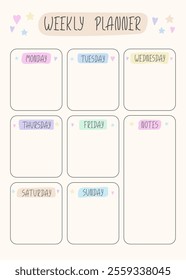 Cute Weekly planner Template for Children. Blank Fun Creative week organizer. Perfect for organizing school notes, to do list, activities. Planner schedule in Doodle style