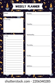 Cute weekly planner template, to do list, with Sun and moon, constellations, cartoon style. Space and astrological theme, zodiac. Trendy modern vector illustration, hand drawn, flat design.