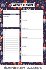 Cute weekly planner template, to do list with Christmas background, cartoon style.  Winter cozy elements. Trendy modern vector illustration, hand drawn, flat 