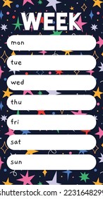 Plantilla de planificación semanal con fondo de estrellas festivas, estilo de dibujos animados. Plantilla de historias. Programar durante 7 días. Ilustración vectorial moderna a la moda, dibujada a mano, plana 