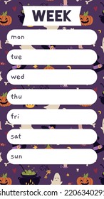 Cute weekly planner template with mystical magic art, Happy Halloween theme, cartoon style. Stories template. Schedule for 7 days. Trendy modern vector illustration, hand drawn, flat design.