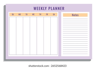 Cute weekly planner template with notes section in pastel colors. Vector organizer