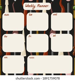 Cute weekly planner template. Pattern with magic wands of different shapes. Hand drawn lettering. Copy space for notes. Flat style illustration.