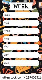 Cute weekly planner template with school stationery and art supplies, cartoon style. Stories template. Schedule for 7 days. Trendy modern vector illustration, hand drawn, flat design.
