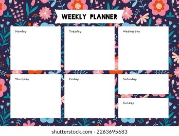 Plantilla semanal de planner con vibración primaveral y patrón floral, estilo de dibujos animados. Ilustración vectorial moderna a la moda, dibujada a mano, plana 