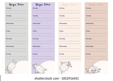 Cute weekly planner templates - Yoga time. Weekly sports schedule with cute funny sheep doing yoga asanas and meditating . Planner, organizer and training schedule. Vector. Isolated