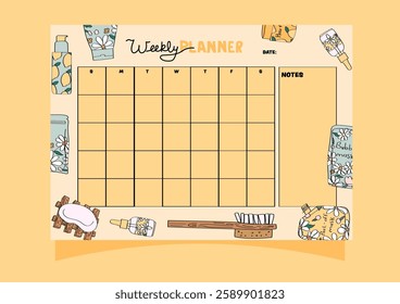 cute weekly planner with yellow themed skincare.