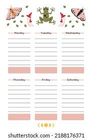 Cute weekly schedule for 6 days. Template with summer vibe, moth, frog, cartoon style. Printable A4 paper for bullet journal page. Trendy modern vector illustration, hand drawn, flat design.