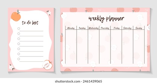 Cute weekly schedule and to do list with apples. Template for notes planners, checklists journal and other stationery. Kids journal page design with fruits. Stylish sweet weekly planner copy space