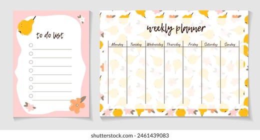 Cute weekly schedule and to do list with pears. Template for notes planners, checklists journal and other stationery. Kids journal page design with fruits. Stylish sweet weekly planner copy space