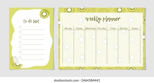 Cute weekly schedule and to do list with kiwi. Template for notes planners, checklists journal and other stationery. Kids journal page design with fruits. Stylish sweet weekly planner