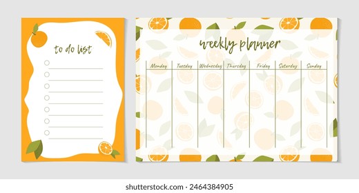 Cute weekly schedule and to do list with oranges. Template for notes planners, checklists journal and other stationery. Kids journal page design with fruits. Stylish sweet weekly planner copy space