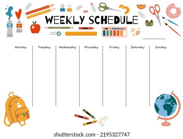 Cute weekly schedule template with school stationery and art supplies, cartoon style. Printable A4 paper for bullet journal page. Trendy modern vector illustration, hand drawn, flat design.