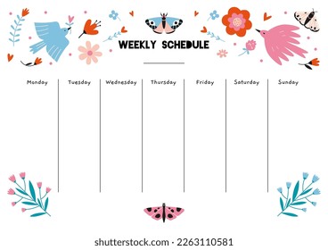 Cute weekly schedule template with spring vibe, birds, butterflies, flowers, cartoon style. Printable A4 paper planning for 7 days. Trendy modern vector illustration, hand drawn, flat 