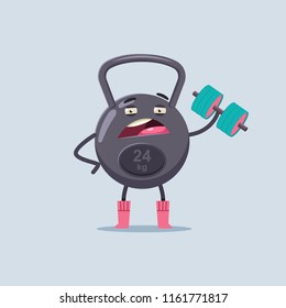 Cute weight cartoon character doing exercise with a dumbbell. Fitness sport equipment vector flat concept illustration isolated on background.