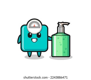 cute weight scale cartoon with hand sanitizer , cute style design for t shirt, sticker, logo element