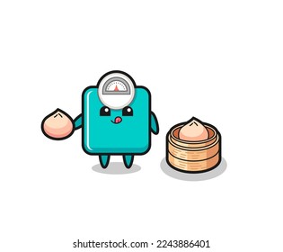 cute weight scale character eating steamed buns , cute style design for t shirt, sticker, logo element