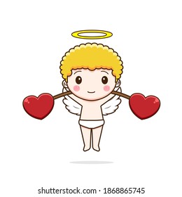 Cute weighting lift cupid. Vector illustration of chibi character isolated on white background.