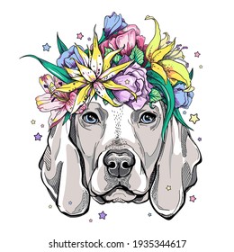 Perro weimaraner lindo en flor. Ilustración vectorial en estilo dibujado a mano. Imagen para imprimir en cualquier superficie