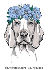 Perro de Weimaraner en flor. Retrato de primavera de un perro. Imagen elegante para imprimir en cualquier superficie