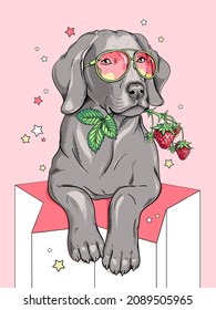 Perro de marihuana dulce con un brote de fresas. Dulce ilustración en estilo dibujado a mano. Imagen elegante para imprimir en cualquier superficie