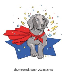 Perro de weimaraner lindo en capa de superhéroes. Ilustración de potencia de Bulldog. Imagen elegante para imprimir en cualquier superficie