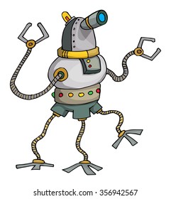 Cute weird hand drawn robot, isolated on white, vector illustration