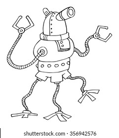 Cute weird hand drawn robot, isolated on white, vector illustration