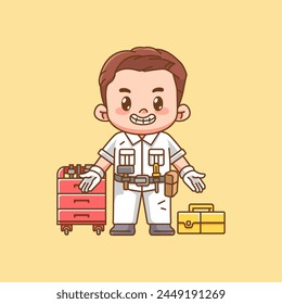 Cute welcome mechanic with tool at workshop kawaii chibi character mascot illustration outline style design set