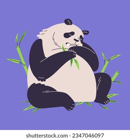 Cute well fed panda sleeping. Relax fluffy Chinese bear sleep in bamboo, drooling after eating. Plump funny animal relaxed lying, sitting in jungle, childish style. Flat isolated vector illustration