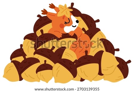 Cute well fed squirrel sleeps on large pile of ripe acorns. Animal dreaming in burrow. Sleepy rodent relaxing on nuts heap. Fall season. Happy character mammal autumn rest. Vector cartoon illustration