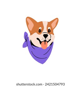 Un avatar de Corgi galés. Curioso bozal de cachorro de raza de juguete. La preciosa cara de perro muestra la lengua. Divertido retrato de hocico de crías. Feliz sonrisa de compañero de mascota. Ilustración vectorial aislada plana sobre fondo blanco